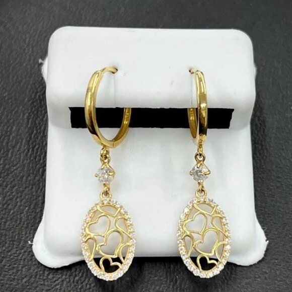 NEW 14K Yellow Gold Huggie Heart Earrings CZ Dangle - Picture 2 of 3